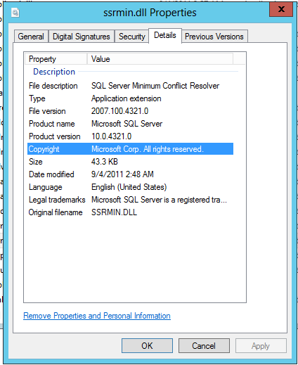 SSRMIN.DLL file properties - version showing 10.0.4321.0