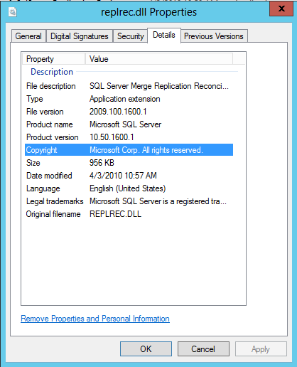 REPLREC.DLL file properties - version showing 10.50.1600.1